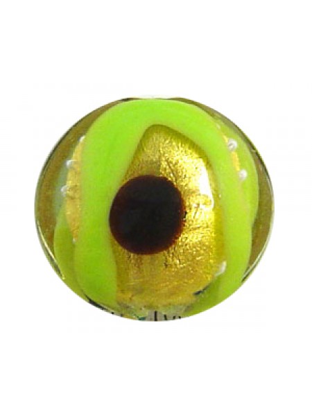 Murano Glass Lentil 20mm Gold/Green/Brow